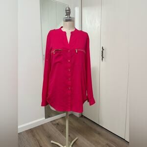 Calvin Klein Hot Pink Zip Front Blouse Women’s Medium Long Sleeve Roll Tab